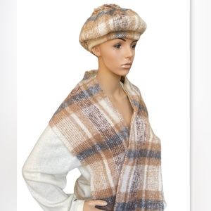 Mohair Wool Irish Donegal Design Hat and Scarf Set Cream Brown Blue Grey